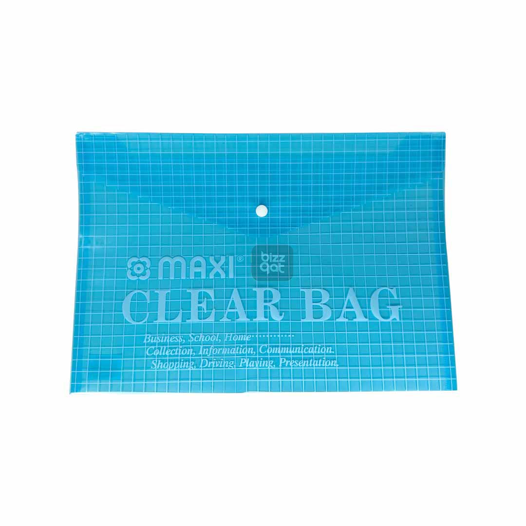 Specifications for My Clear Bag BLUE MAXI MXCBBF: Product Name: My Clear Bag BLUE MAXI MXCBBF Brand: Maxi Model Number: MXCBBF Color: Blue Material: PVC Size: 11" x 6" x 2.5" (28cm x 15cm x 6cm)