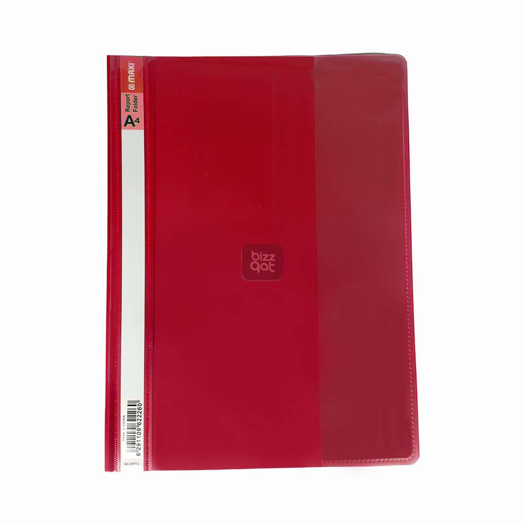 Maxi Report File A4 RED MX-RPFR: Product type: Report file folder Size: A4 Color: Red Material: Polypropylene Features: Clear cover for easy visibility of contents, opaque back cover for added protection, inner pockets for holding loose papers, business cards, or CDs Capacity: Holds up to 50 sheets of A4 paper (80 gsm)