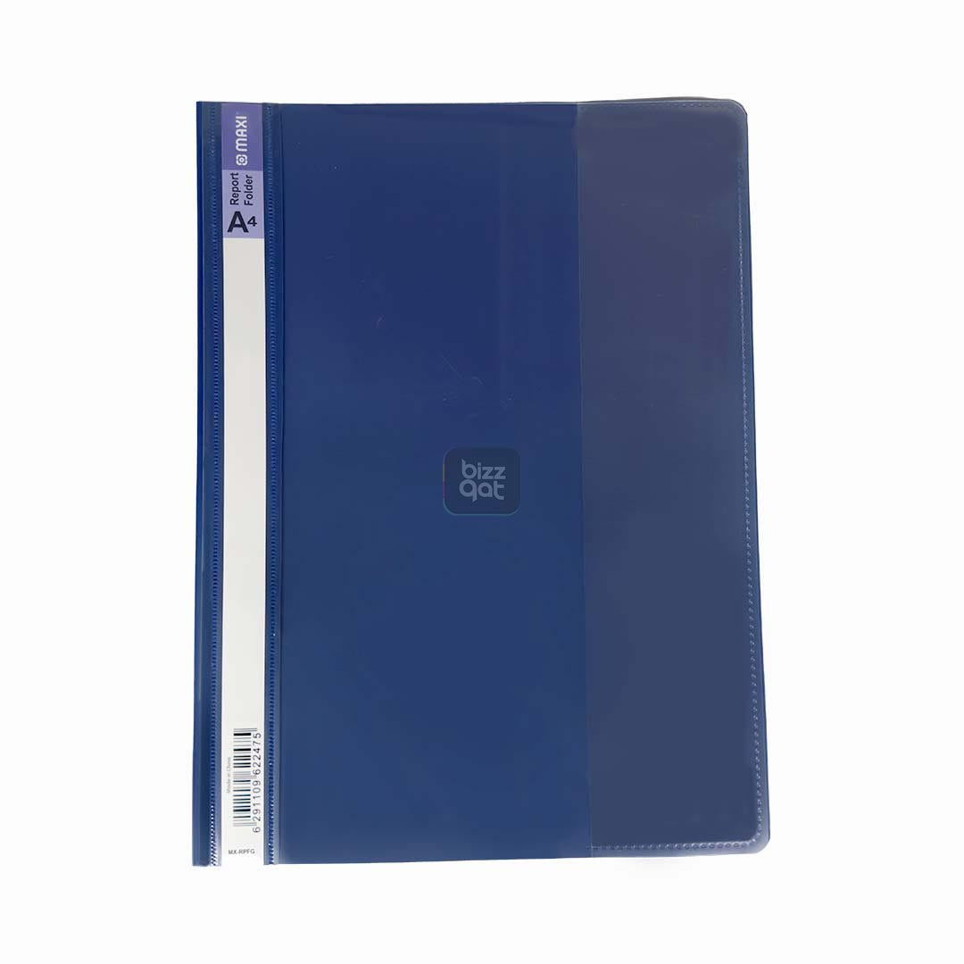 Maxi Report File A4 BLUE MX-RPFB: Product type: Report file folder Size: A4 Color: Blue Material: Polypropylene Features: Clear cover for easy visibility of contents, opaque back cover for added protection, inner pockets for holding loose papers, business cards, or CDs Capacity: Holds up to 50 sheets of A4 paper (80 gsm)