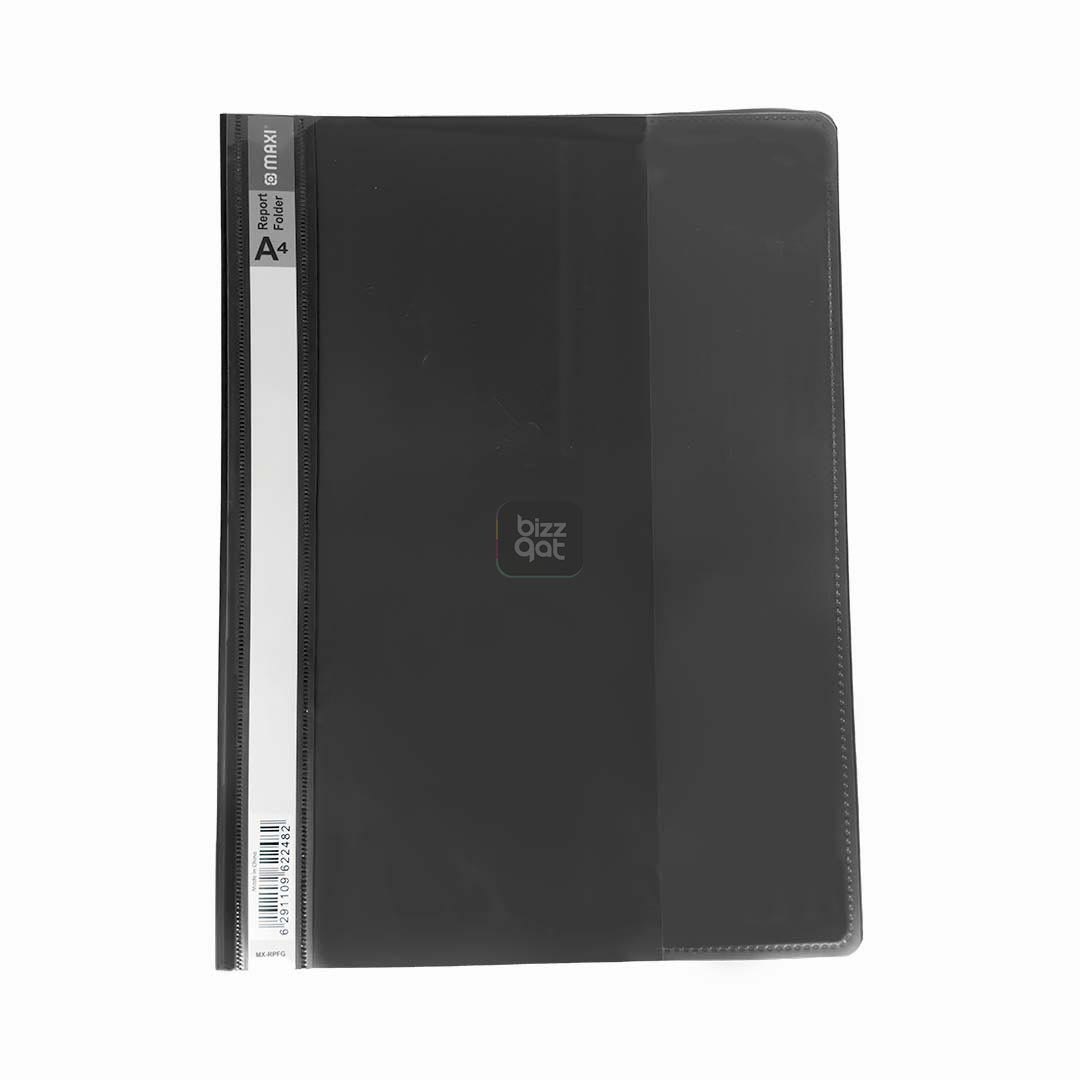 Maxi Report File A4 BLACK MX-RPFBL: Product type: Report file folder Size: A4 Color: Black Material: Polypropylene Features: Clear cover for easy visibility of contents, opaque back cover for added protection, inner pockets for holding loose papers, business cards, or CDs Capacity: Holds up to 50 sheets of A4 paper (80 gsm)