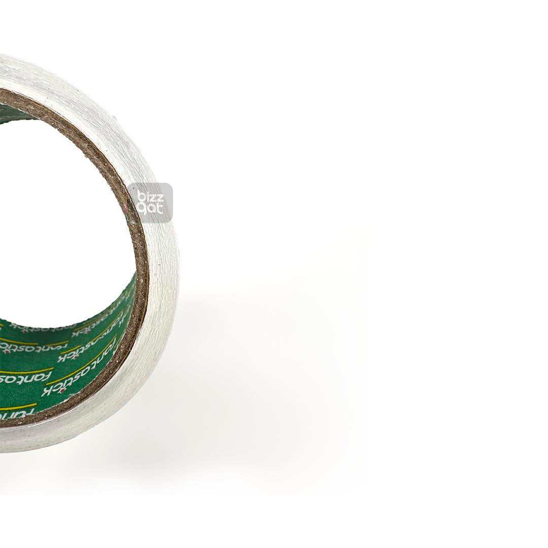 The FANTASTICK Double-Sided Tape 2"X12YARDS PK 3 ROLL is an adhesive tape with adhesive on both sides of the tape. The specifications of this tape are as follows:  Tape width: 2 inches Tape length: 12 yards per roll Pack quantity: 3 rolls per pack Adhesive type: Double-sided