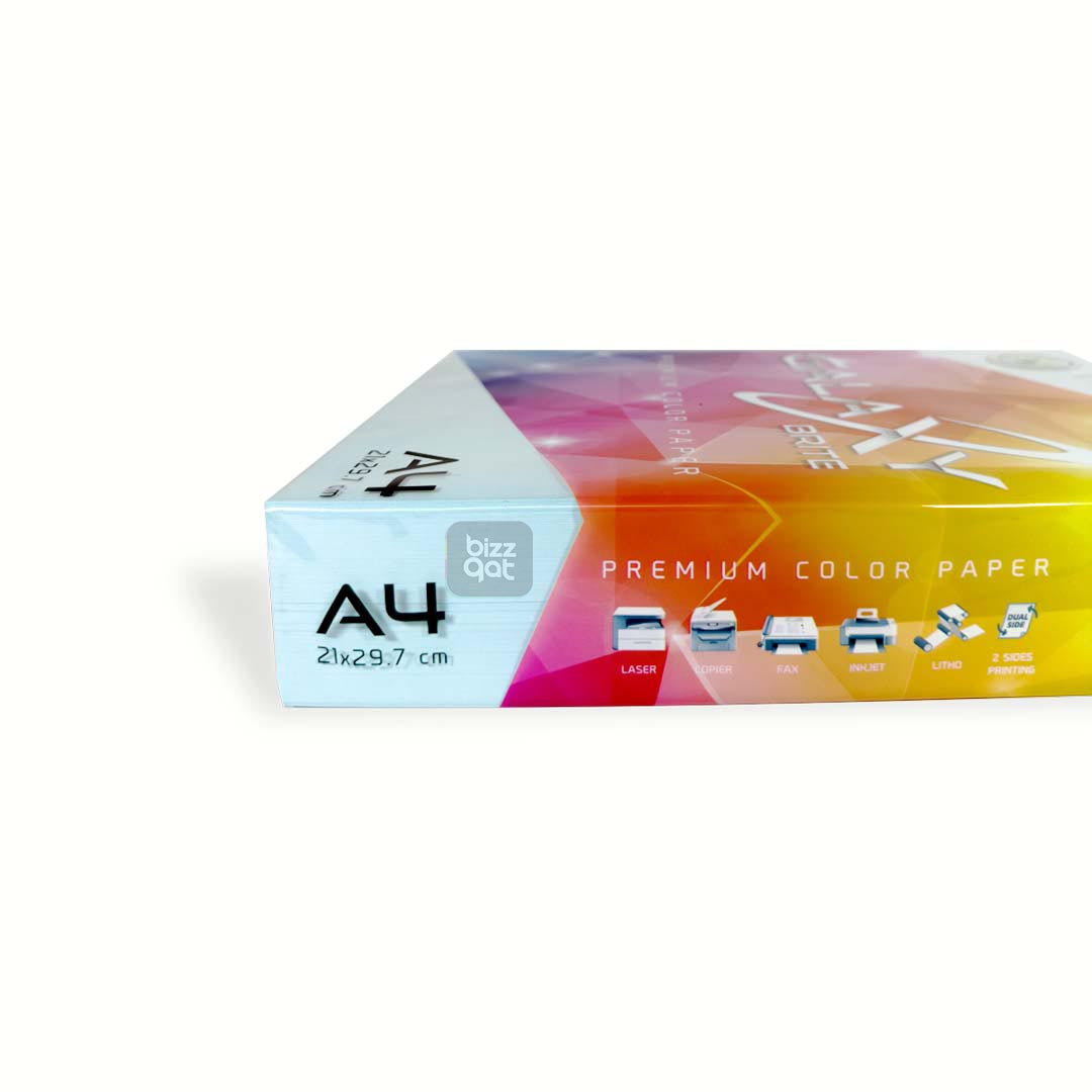 Galaxy A4 Blue Color Paper Ream has the following specifications:  Paper Type: Colored Paper Brand: Galaxy Size: A4 (210mm x 297mm) Color: Blue Weight: 80gsm Finish: Smooth Quantity: 500 sheets per ream Packaging: Comes in a ream-wrapped package