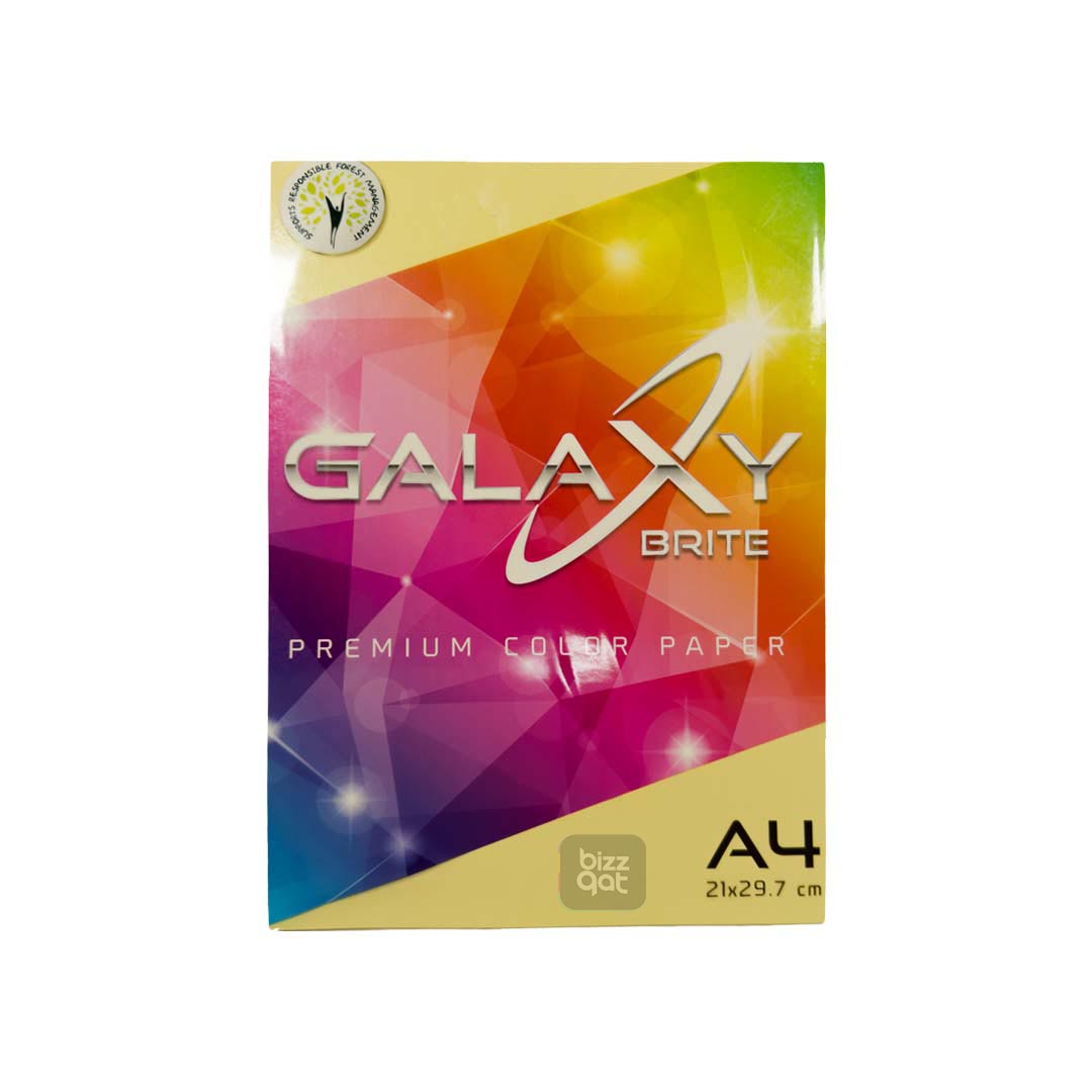 Galaxy A4 Yellow Color Paper Ream has the following specifications:  Paper Type: Colored Paper Brand: Galaxy Size: A4 (210mm x 297mm) Color: Yellow Weight: 80gsm Finish: Smooth Quantity: 500 sheets per ream Packaging: Comes in a ream-wrapped package