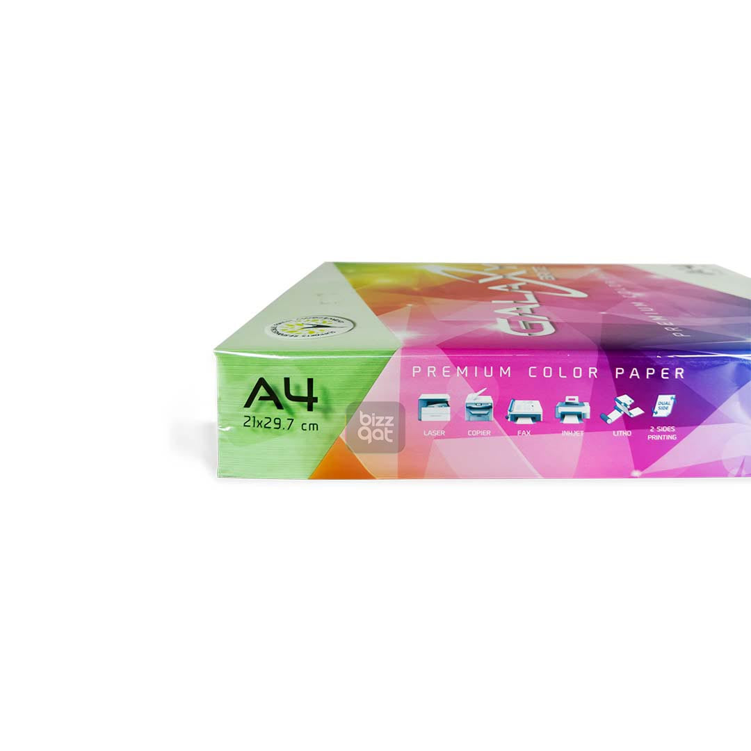 Galaxy A4 Green Color Paper Ream has the following specifications:  Paper Type: Colored Paper Brand: Galaxy Size: A4 (210mm x 297mm) Color: Green Weight: 80gsm Finish: Smooth Quantity: 500 sheets per ream Packaging: Comes in a ream-wrapped package