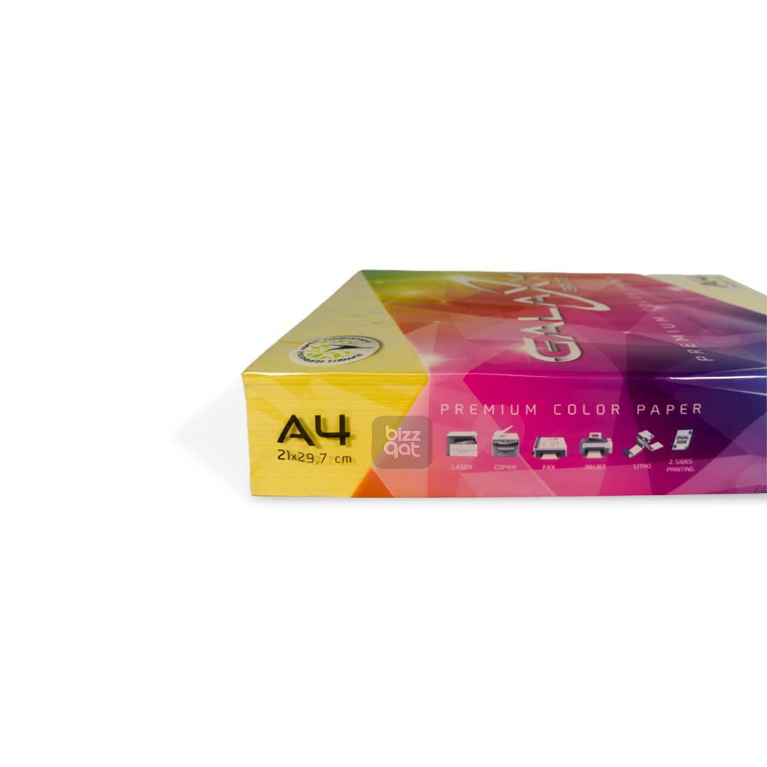 Galaxy A4 Yellow Color Paper Ream has the following specifications:  Paper Type: Colored Paper Brand: Galaxy Size: A4 (210mm x 297mm) Color: Yellow Weight: 80gsm Finish: Smooth Quantity: 500 sheets per ream Packaging: Comes in a ream-wrapped package